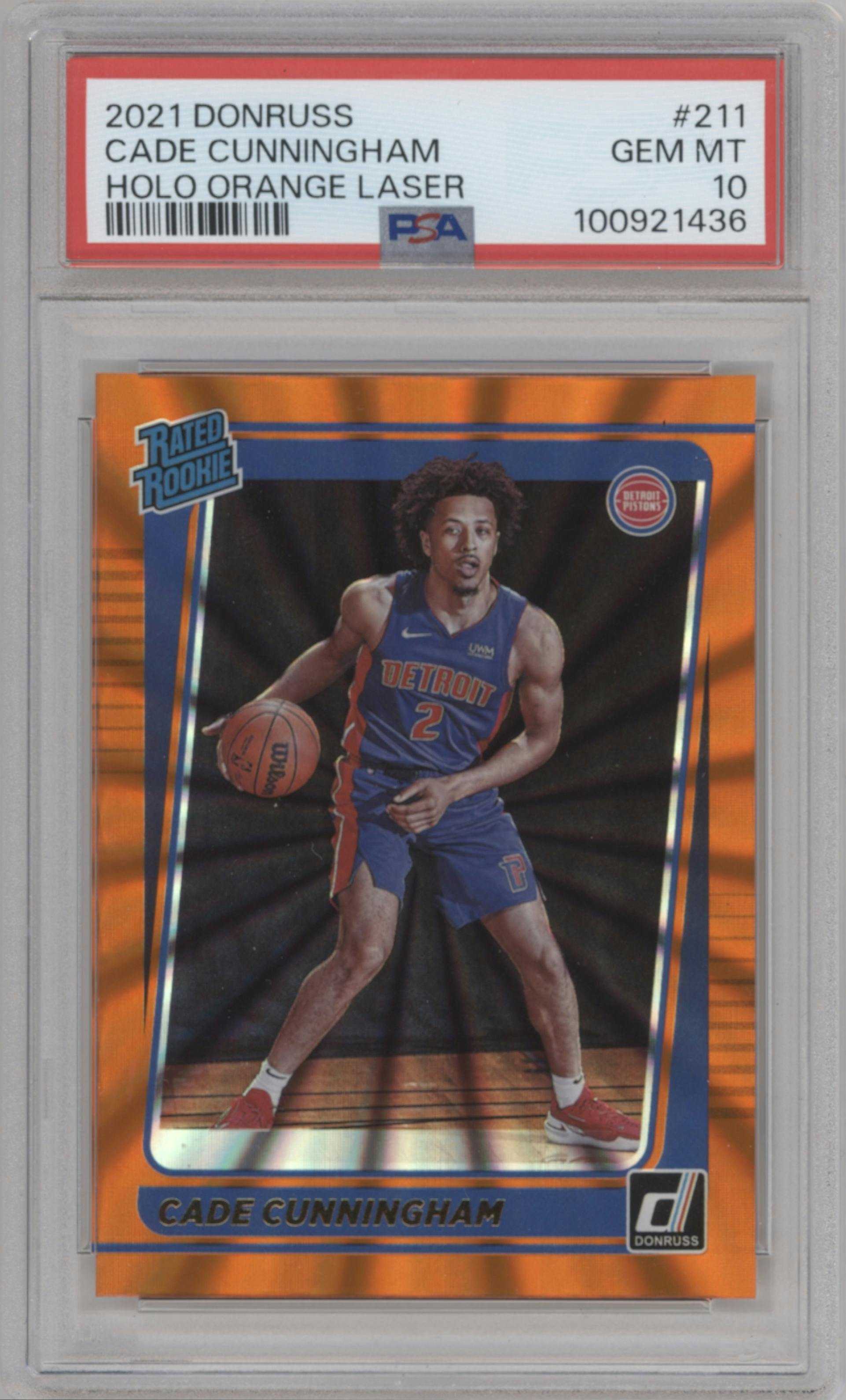 Cade Cunningham from the 2021-22 Panini Donruss set featuring a Orange Holo Laser parallel graded by PSA and given an overall grade of 10.