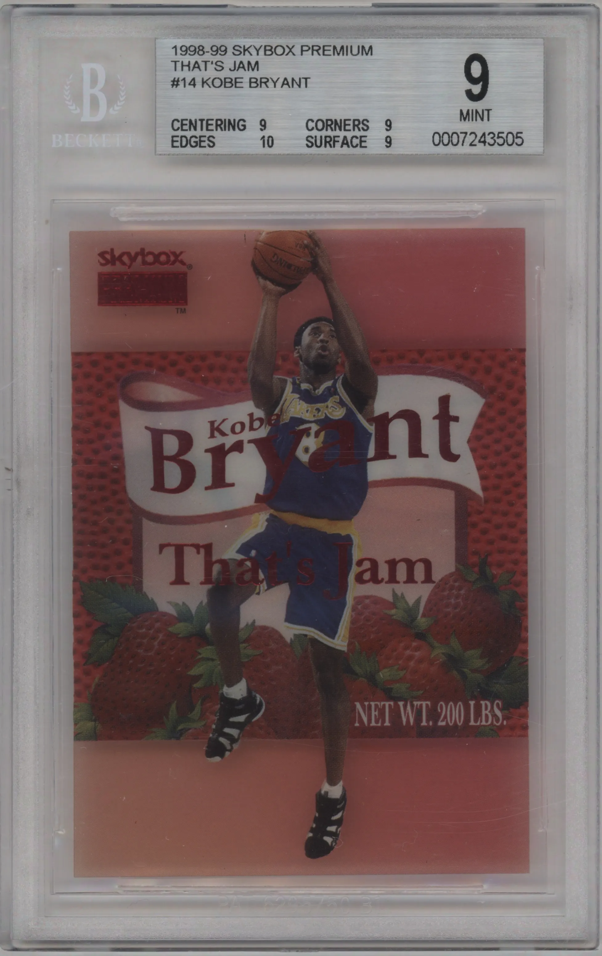 Kobe Bryant from the 1998-99 Skybox Premium set graded by Beckett and given an overall grade of 9.