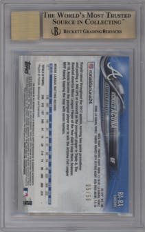 Ronald Acuna from the 2018 Topps Chrome set featuring a Gold Wave Refractor parallel graded by Beckett and given an overall grade of 9.5.