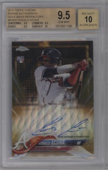 Ronald Acuna from the 2018 Topps Chrome set featuring a Gold Wave Refractor parallel graded by Beckett and given an overall grade of 9.5.