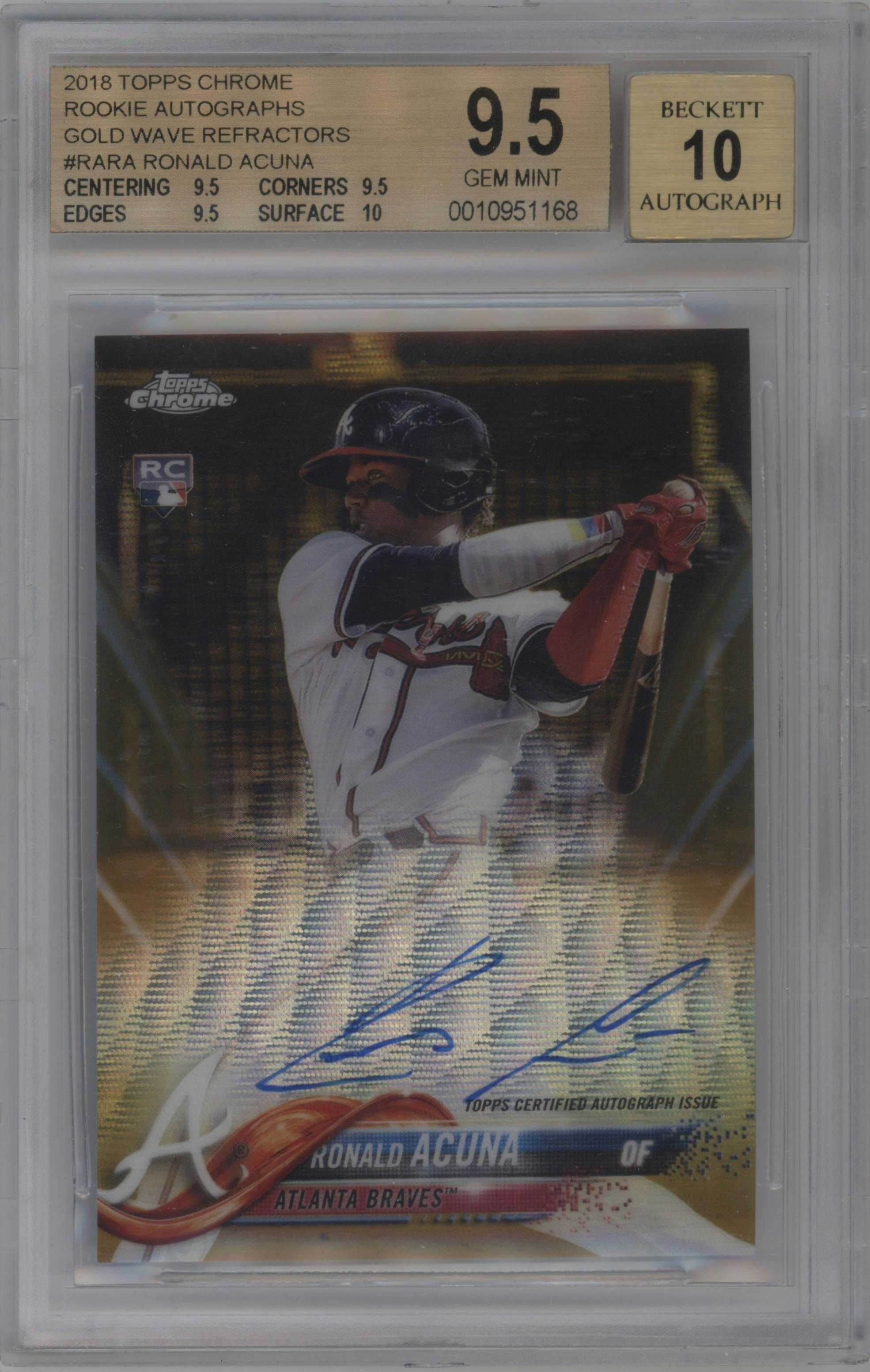 Ronald Acuna from the 2018 Topps Chrome set featuring a Gold Wave Refractor parallel graded by Beckett and given an overall grade of 9.5.
