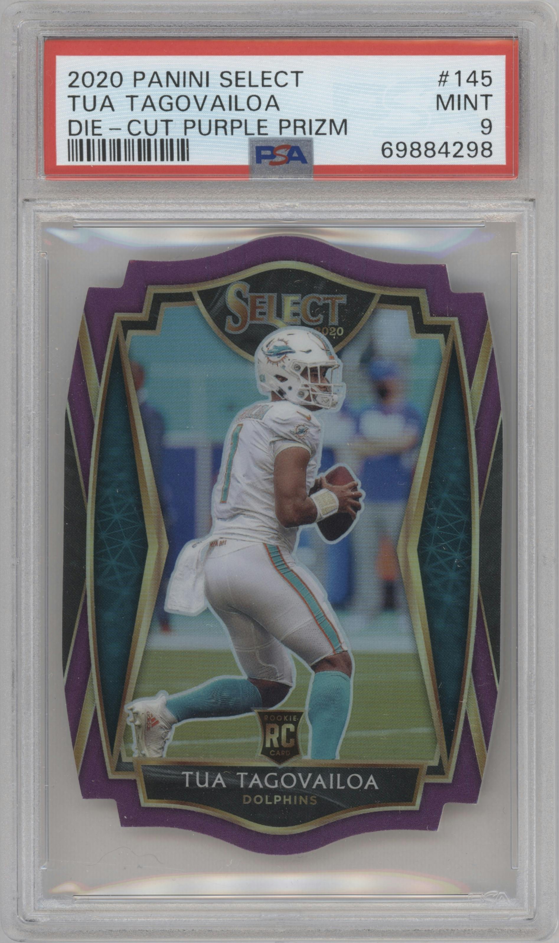 Tua Tagovailoa from the 2020 Panini Select set featuring a Die-Cut Purple parallel graded by PSA and given an overall grade of 9.