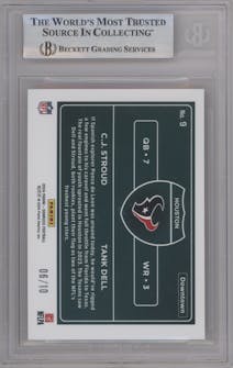 C.J. Stroud/Tank Dell from the 2024 Donruss set featuring a Gold parallel graded by Beckett and given an overall grade of 9.