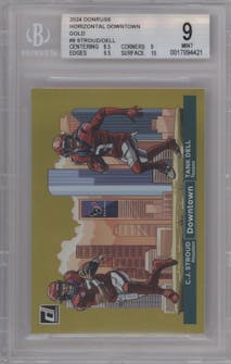 C.J. Stroud/Tank Dell from the 2024 Donruss set featuring a Gold parallel graded by Beckett and given an overall grade of 9.