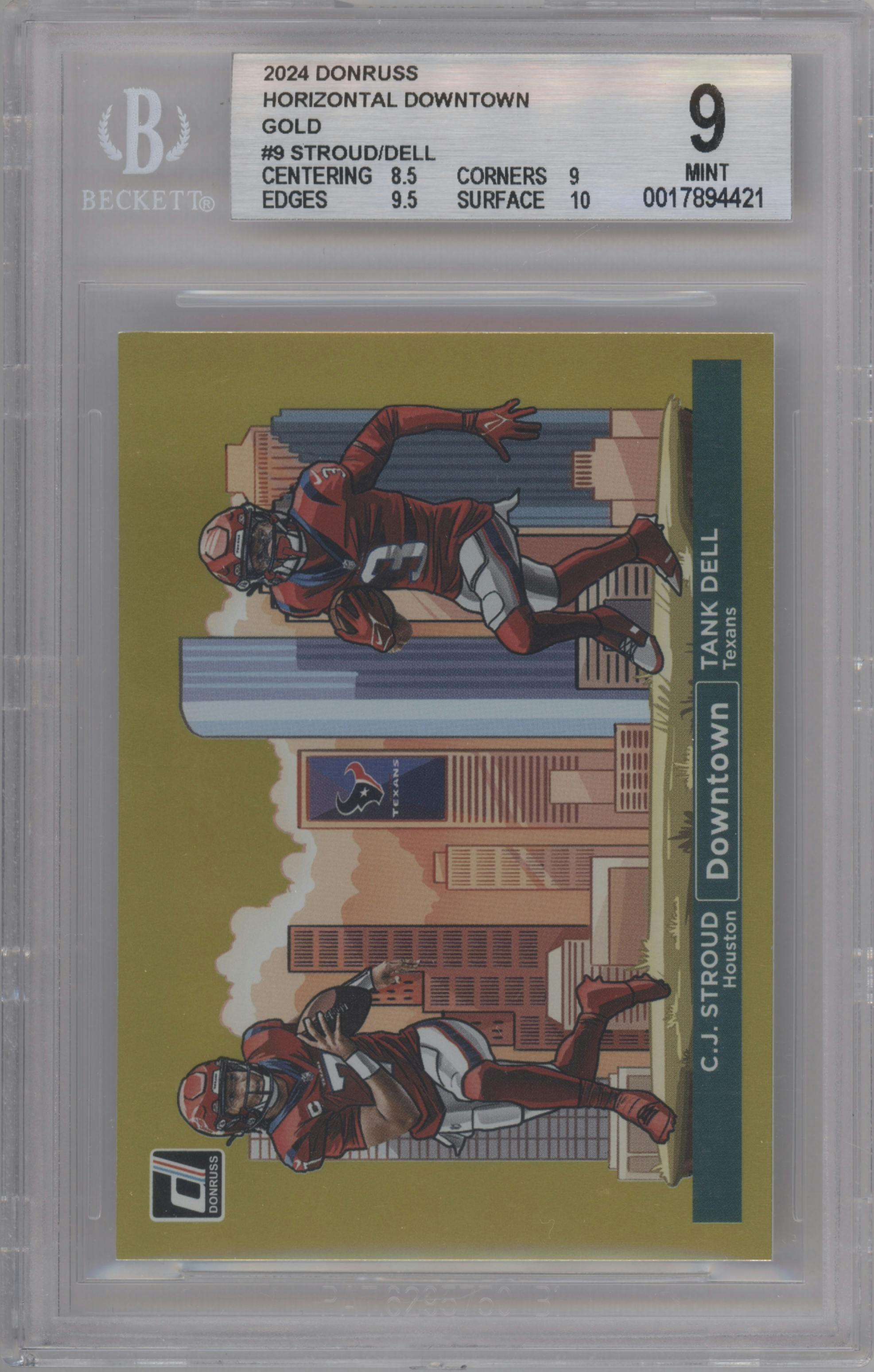 C.J. Stroud/Tank Dell from the 2024 Donruss set featuring a Gold parallel graded by Beckett and given an overall grade of 9.