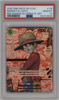 Monkey.D.Luffy from the 2025 One Piece set featuring a Red Manga parallel graded by PSA and given an overall grade of 10.