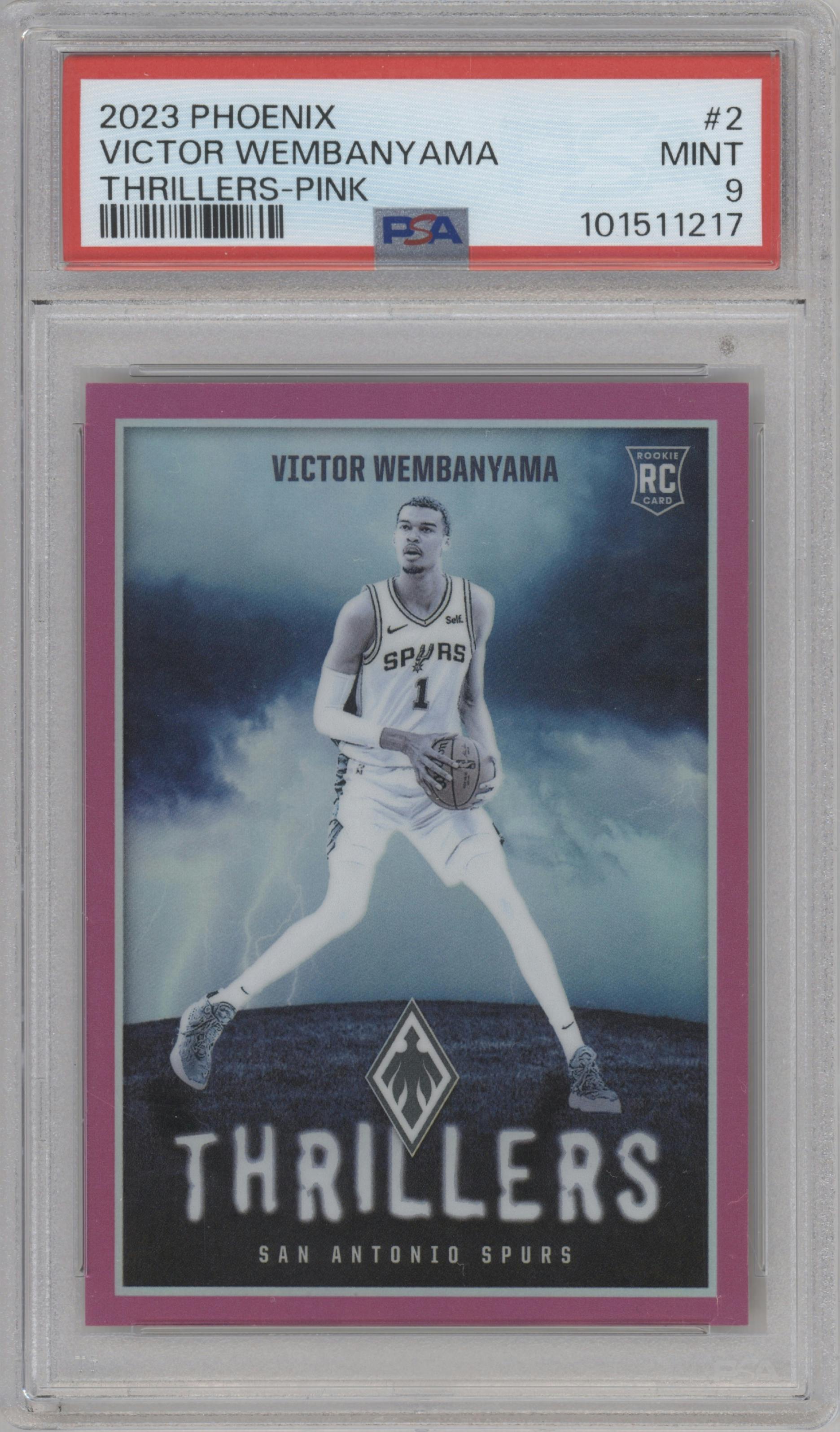 Victor Wembanyama from the 2023-24 Panini Phoenix set featuring a Pink  parallel graded by PSA and given an overall grade of 9.