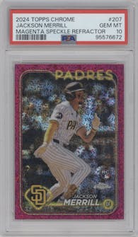 Jackson Merrill from the 2024 Topps Chrome set featuring a Magenta Speckle Refractor parallel graded by PSA and given an overall grade of 10.