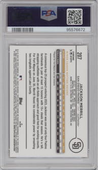 Jackson Merrill from the 2024 Topps Chrome set featuring a Magenta Speckle Refractor parallel graded by PSA and given an overall grade of 10.