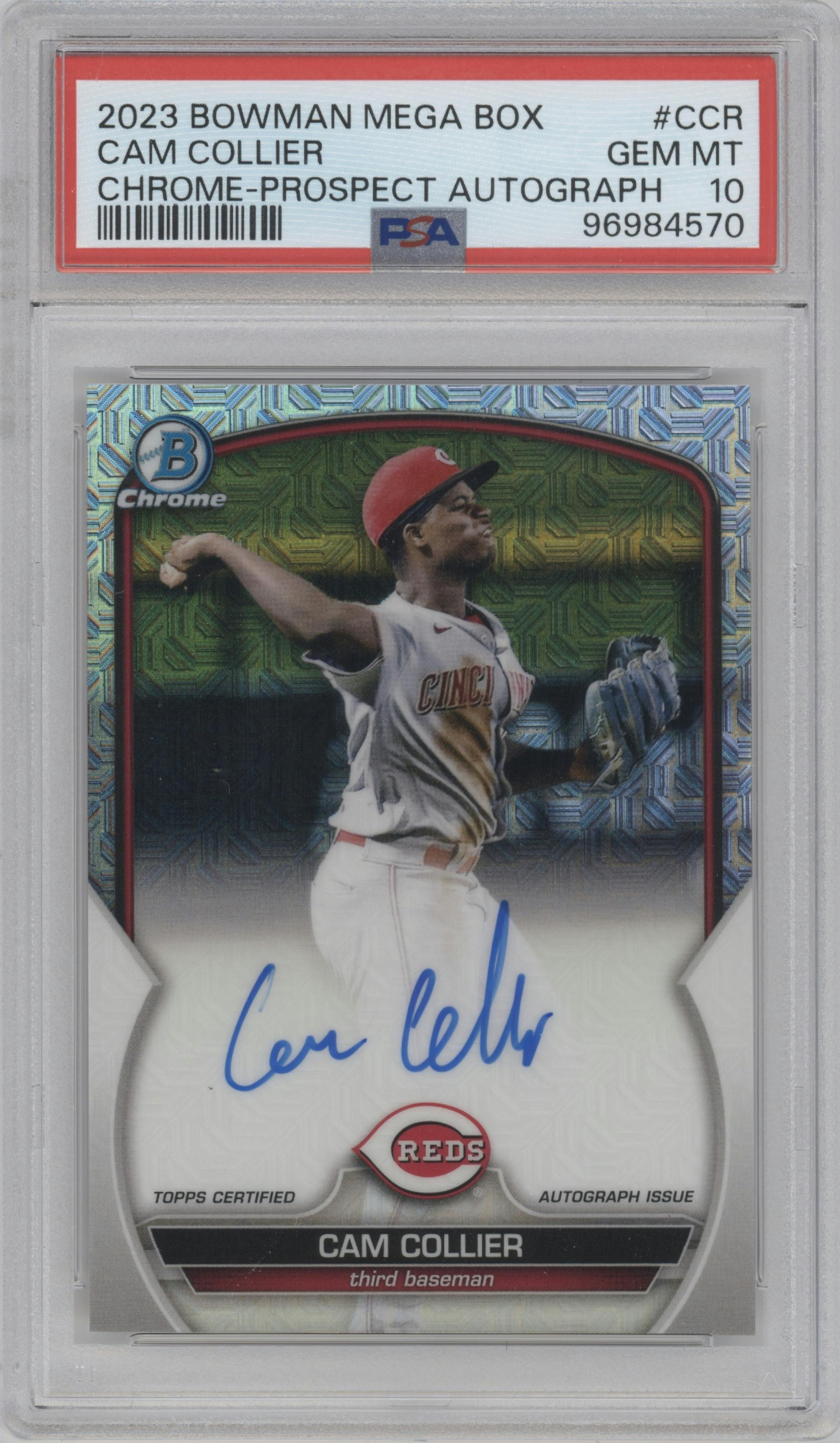 Cam Collier from the 2023 Bowman Mega Box set graded by PSA and given an overall grade of 10.