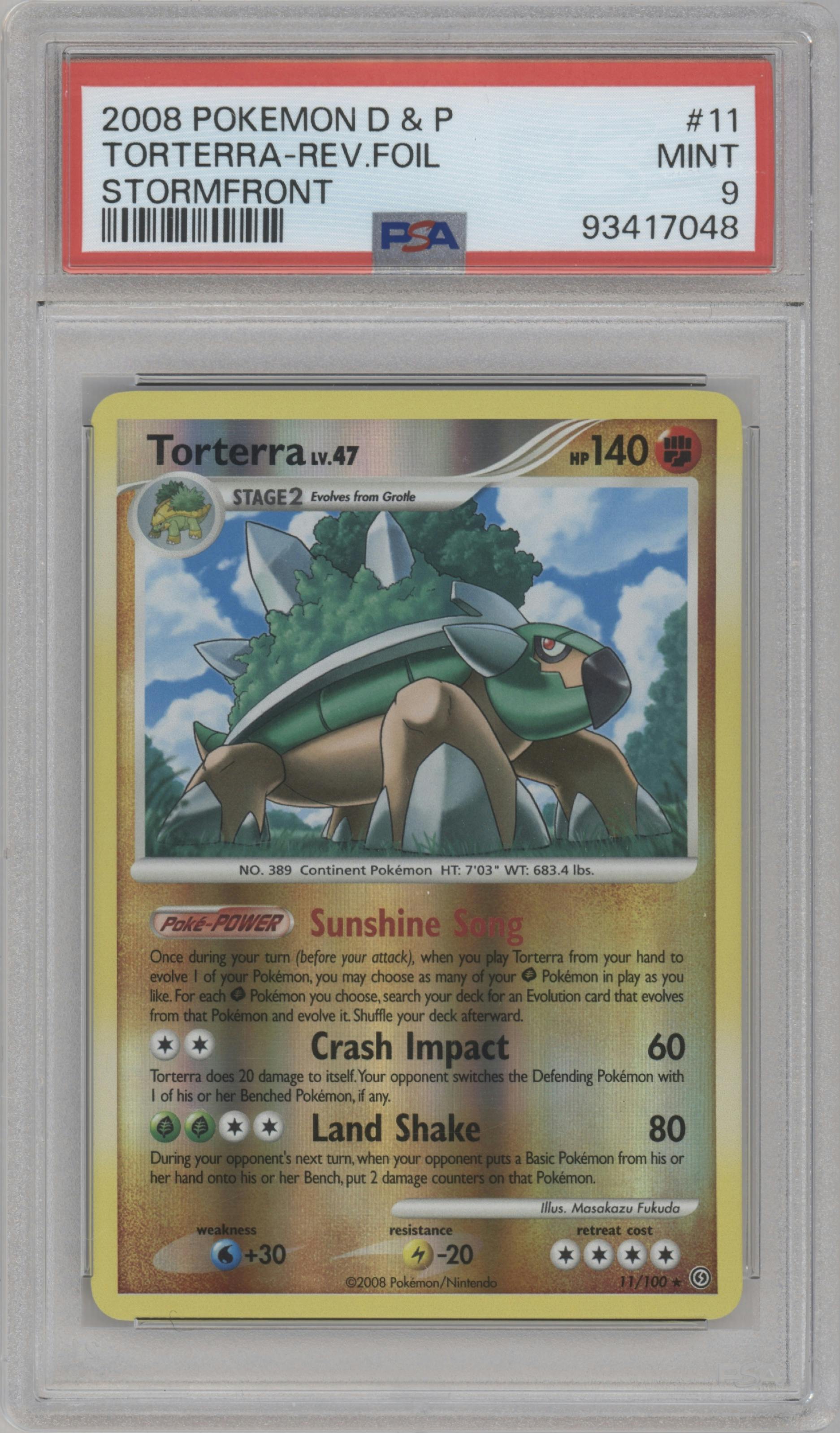 Torterra from the 2008 Pokemon D&P set graded by PSA and given an overall grade of 9.