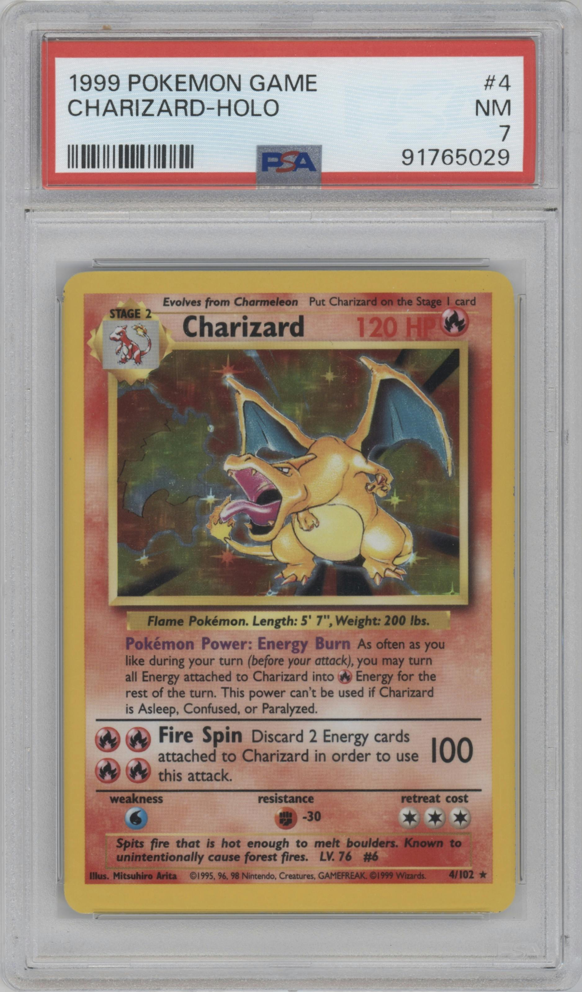Charizard from the 1999 Pokemon set graded by PSA and given an overall grade of 7.