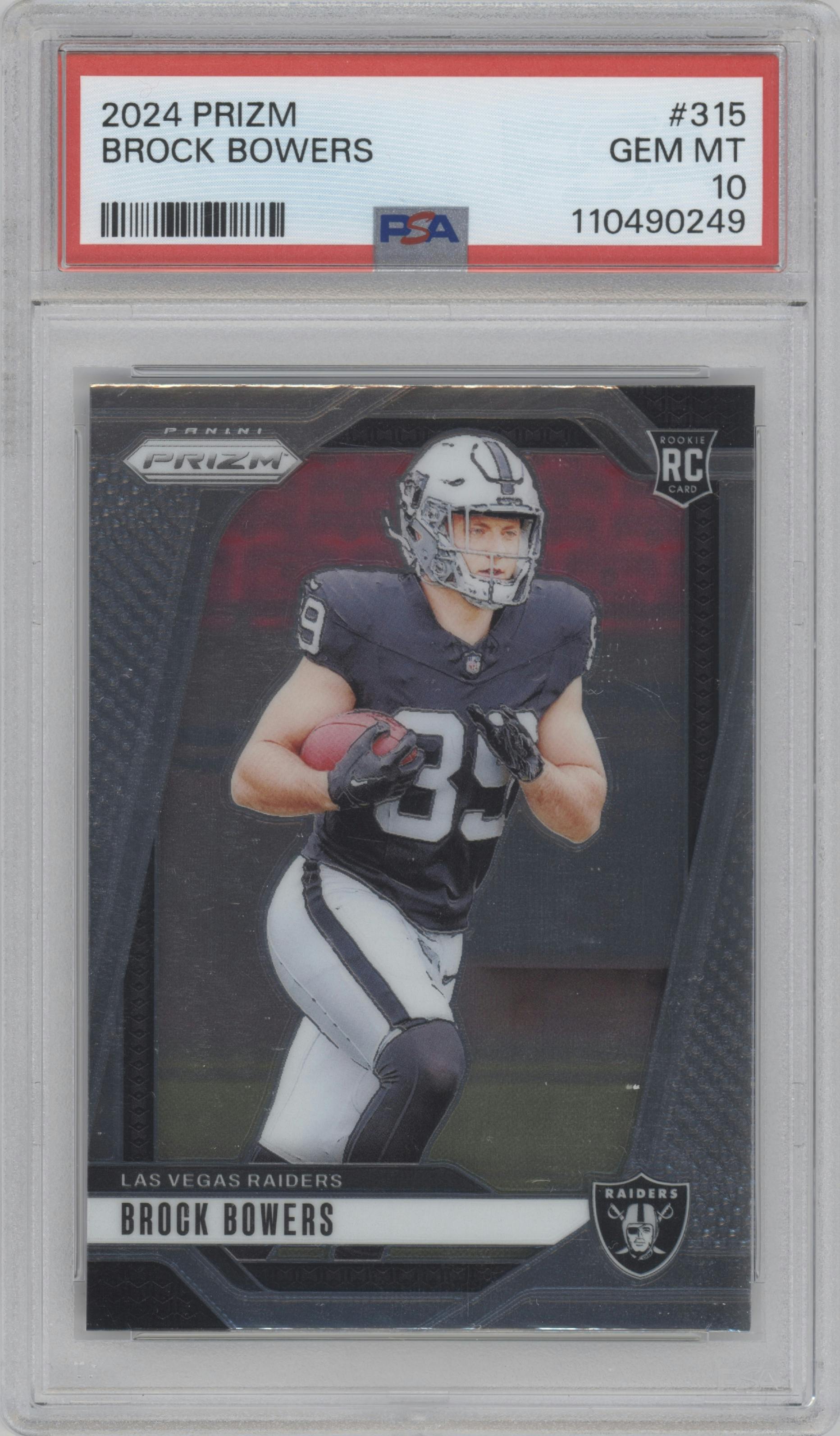 Brock Bowers from the 2024 Panini Prizm set graded by PSA and given an overall grade of 10.