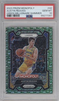 Austin Reaves from the 2023-24 Panini Prizm Monopoly set featuring a Green Millionaire Shimmer parallel graded by PSA and given an overall grade of 10.