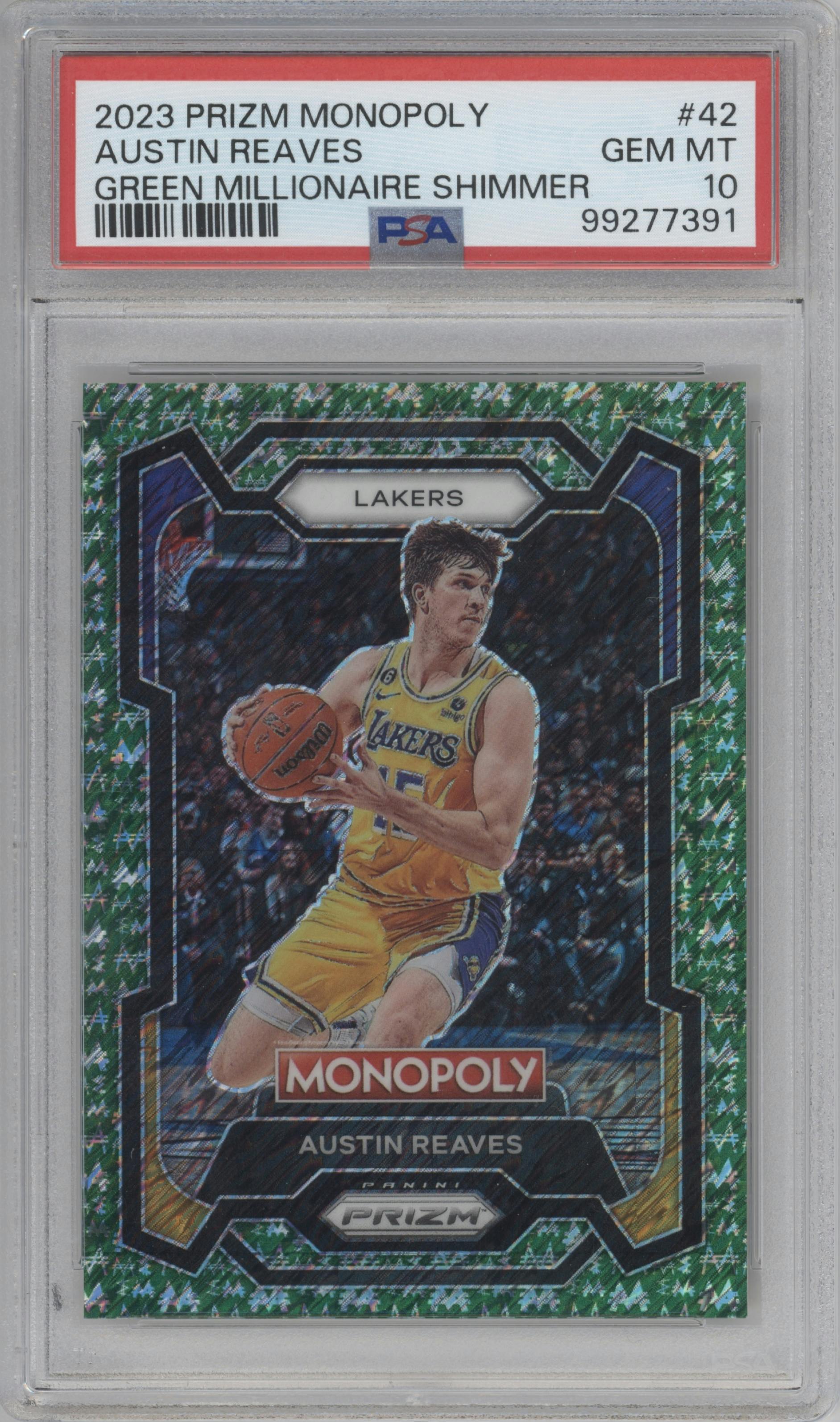 Austin Reaves from the 2023-24 Panini Prizm Monopoly set featuring a Green Millionaire Shimmer parallel graded by PSA and given an overall grade of 10.