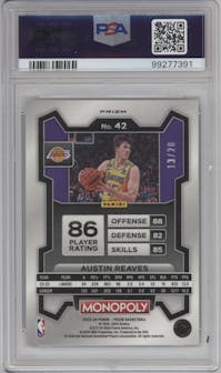 Austin Reaves from the 2023-24 Panini Prizm Monopoly set featuring a Green Millionaire Shimmer parallel graded by PSA and given an overall grade of 10.