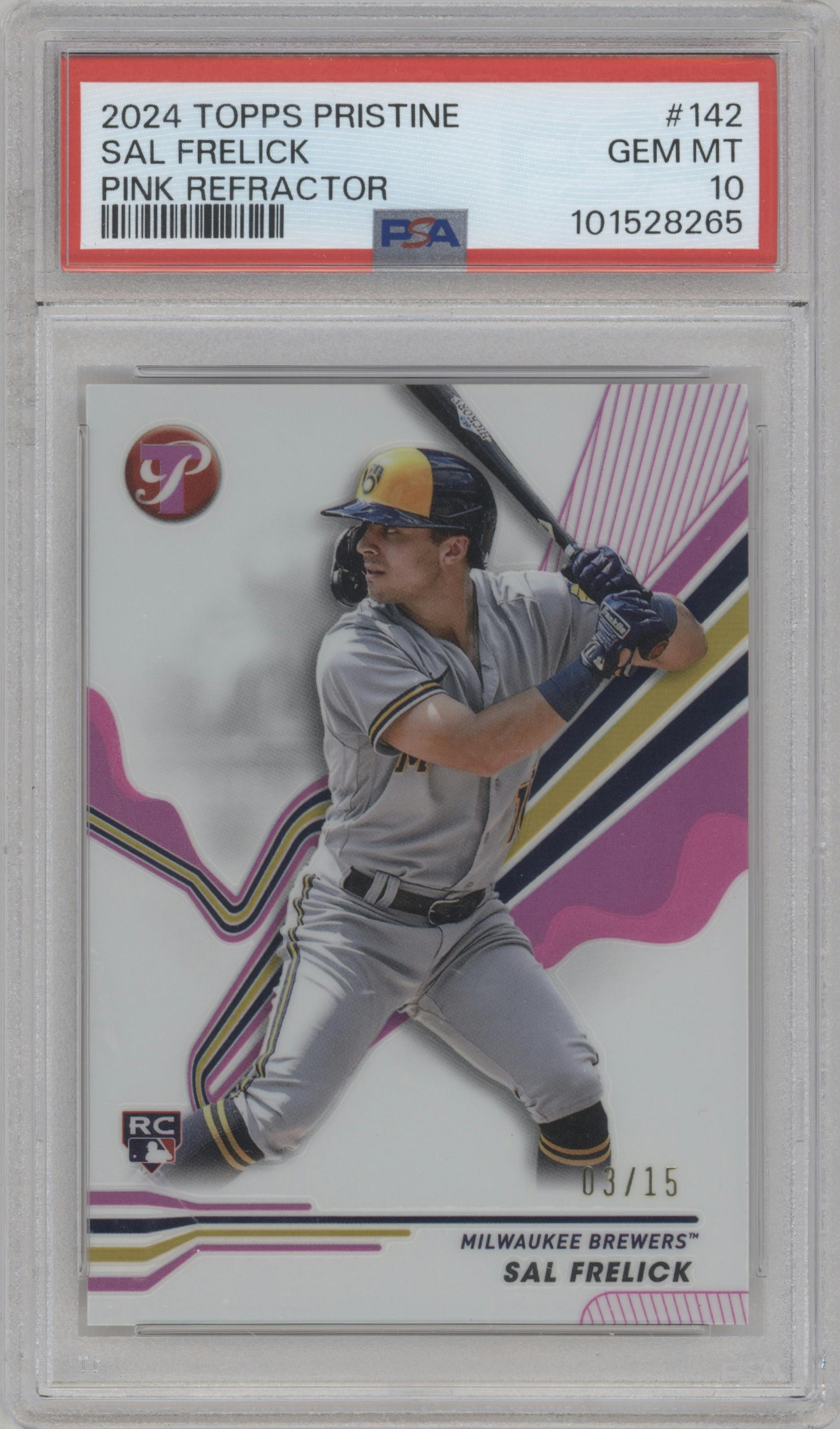 Sal Frelick from the 2024 Topps Pristine set featuring a Pink Refractors parallel graded by PSA and given an overall grade of 10.