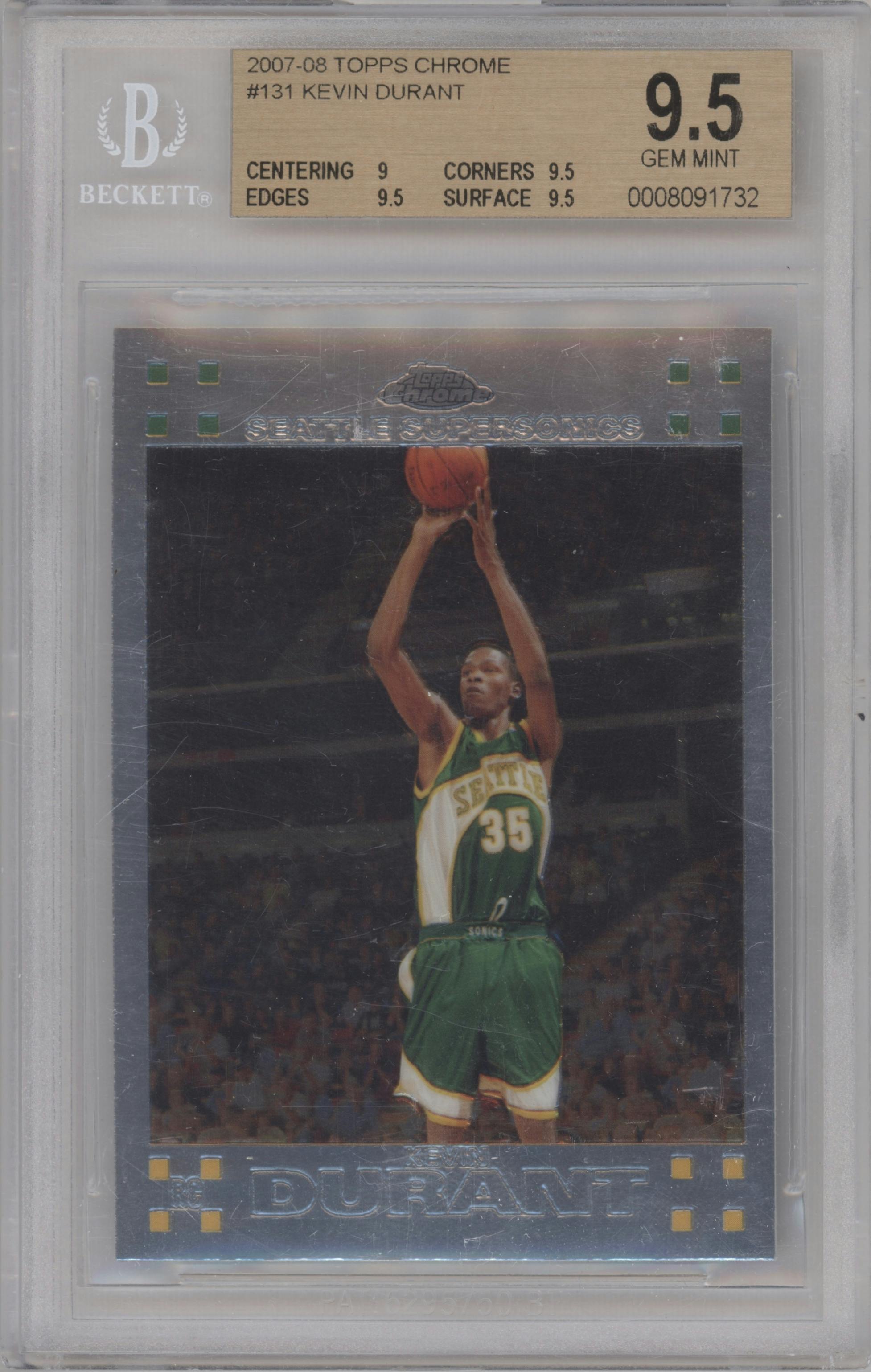 Kevin Durant from the 2007-08 Topps Chrome set graded by Beckett and given an overall grade of 9.5.