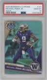 Michael Penix Jr. from the 2023 Bowman Chrome University set featuring a Aqua Refractor parallel graded by PSA and given an overall grade of 10.