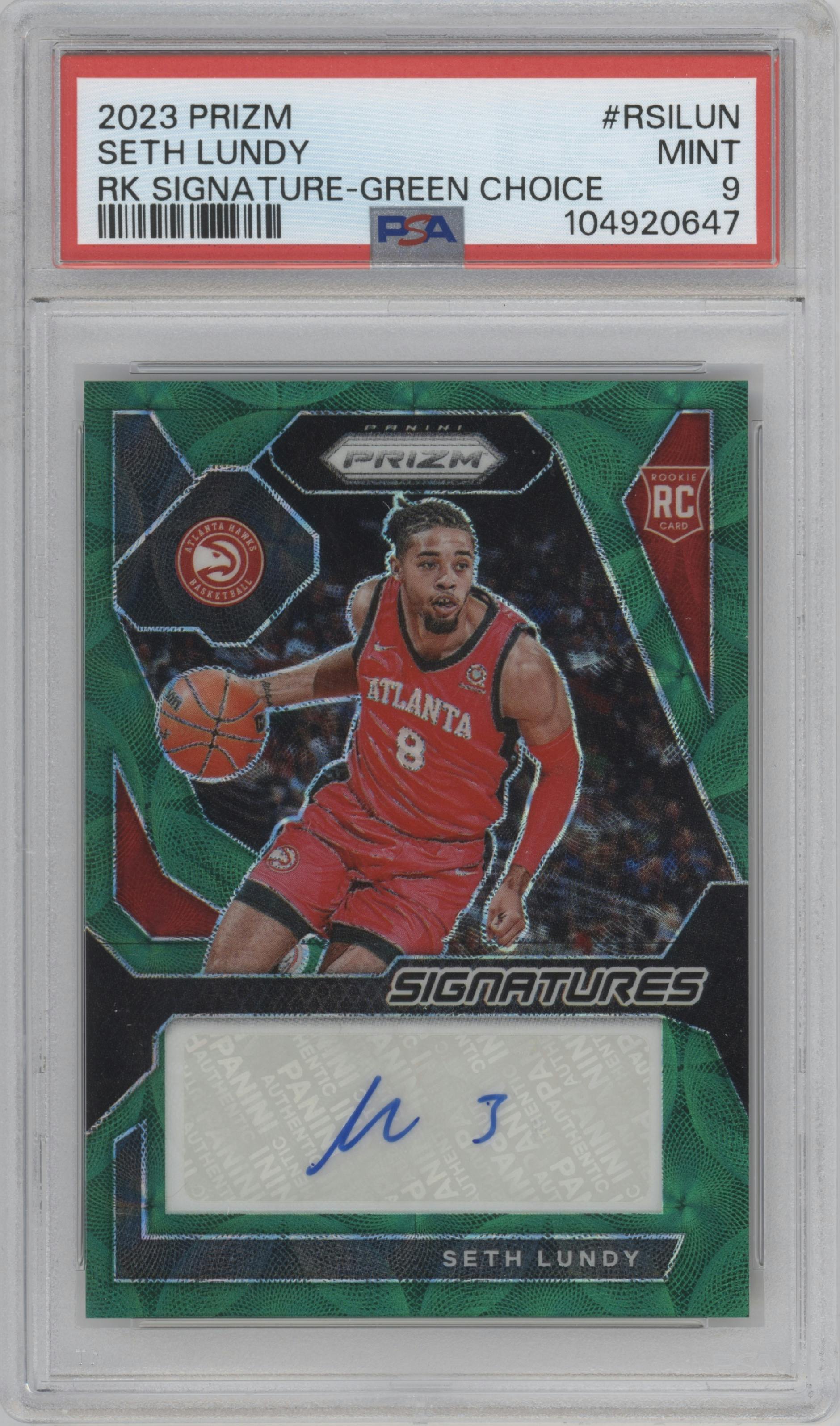 Seth Lundy from the 2023-24 Panini Prizm set featuring a Choice Green parallel graded by PSA and given an overall grade of 9.