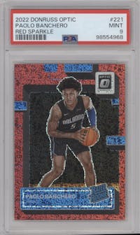 Paolo Banchero from the 2022-23 Panini Donruss Optic  set featuring a Red Sparkle parallel graded by PSA and given an overall grade of 9.