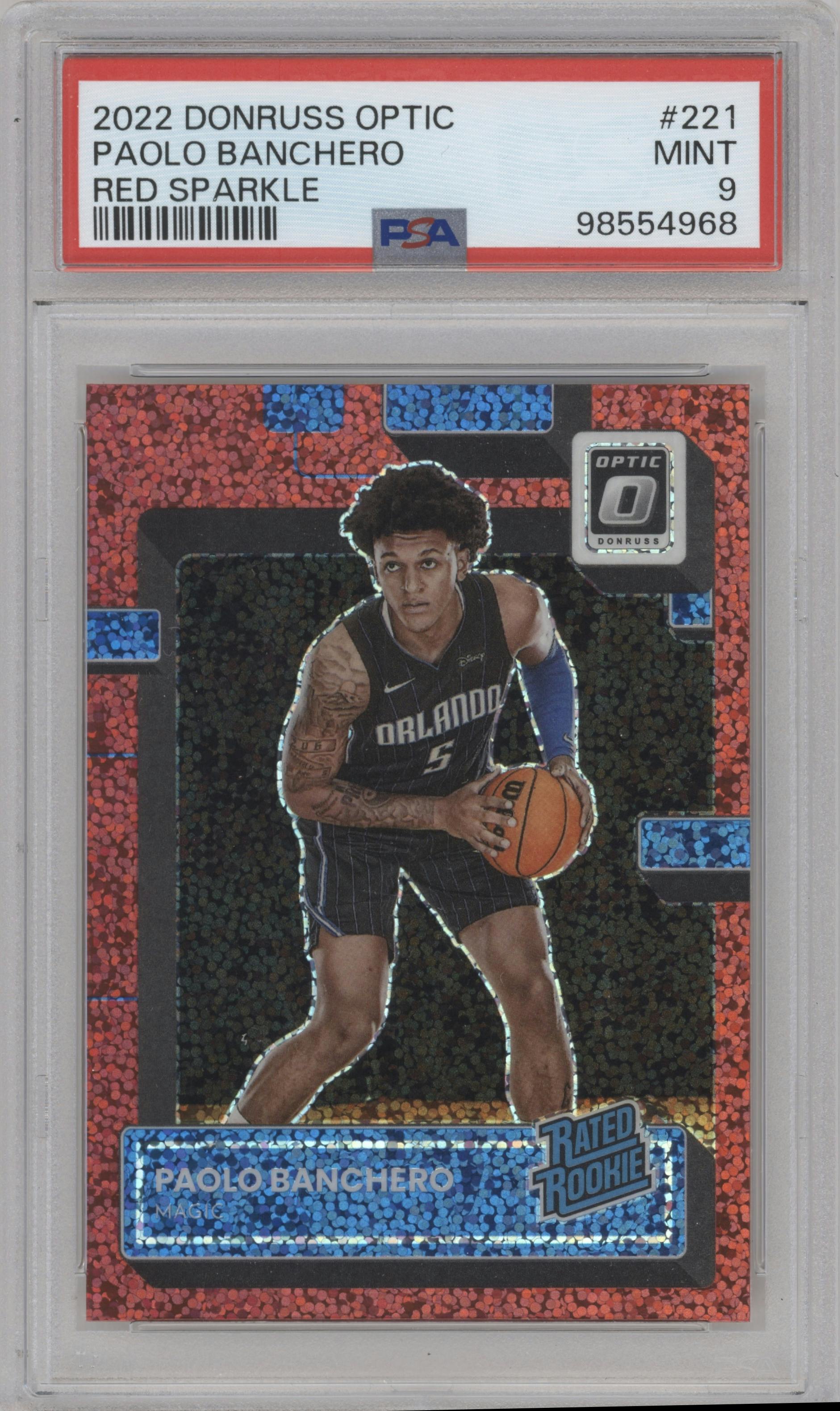 Paolo Banchero from the 2022-23 Panini Donruss Optic  set featuring a Red Sparkle parallel graded by PSA and given an overall grade of 9.