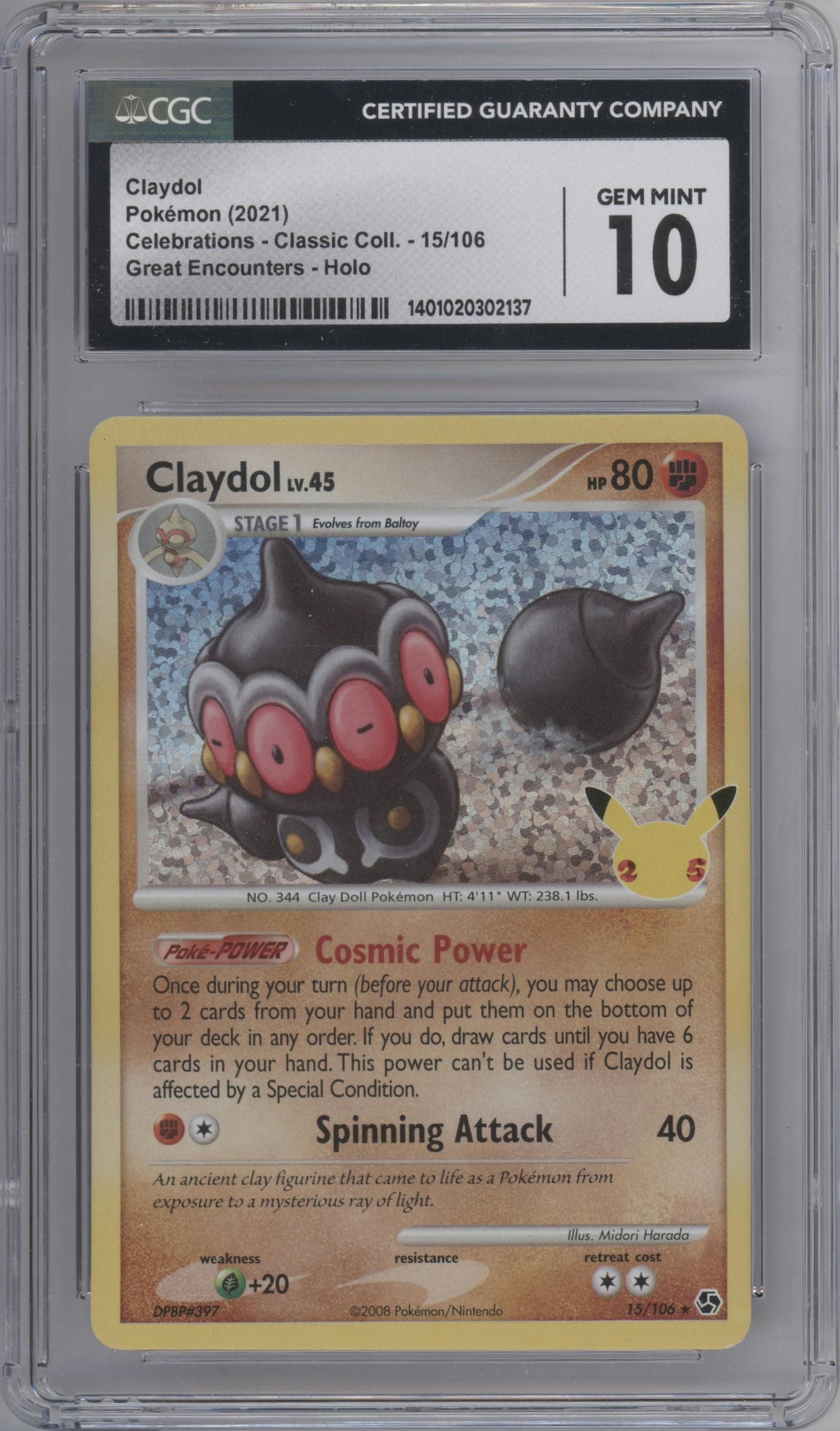 Claydol from the 2021 Pokemon SWSH set featuring a Great Encounters parallel graded by CSG and given an overall grade of 10.