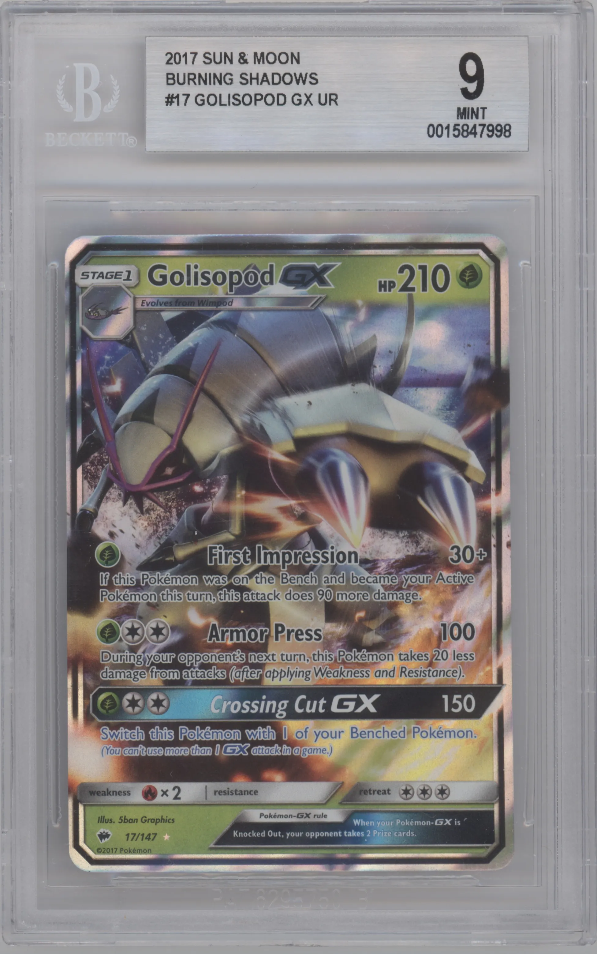 2017 Pokemon S&M Burning Shadows Golisopod GX #17 BGS 9