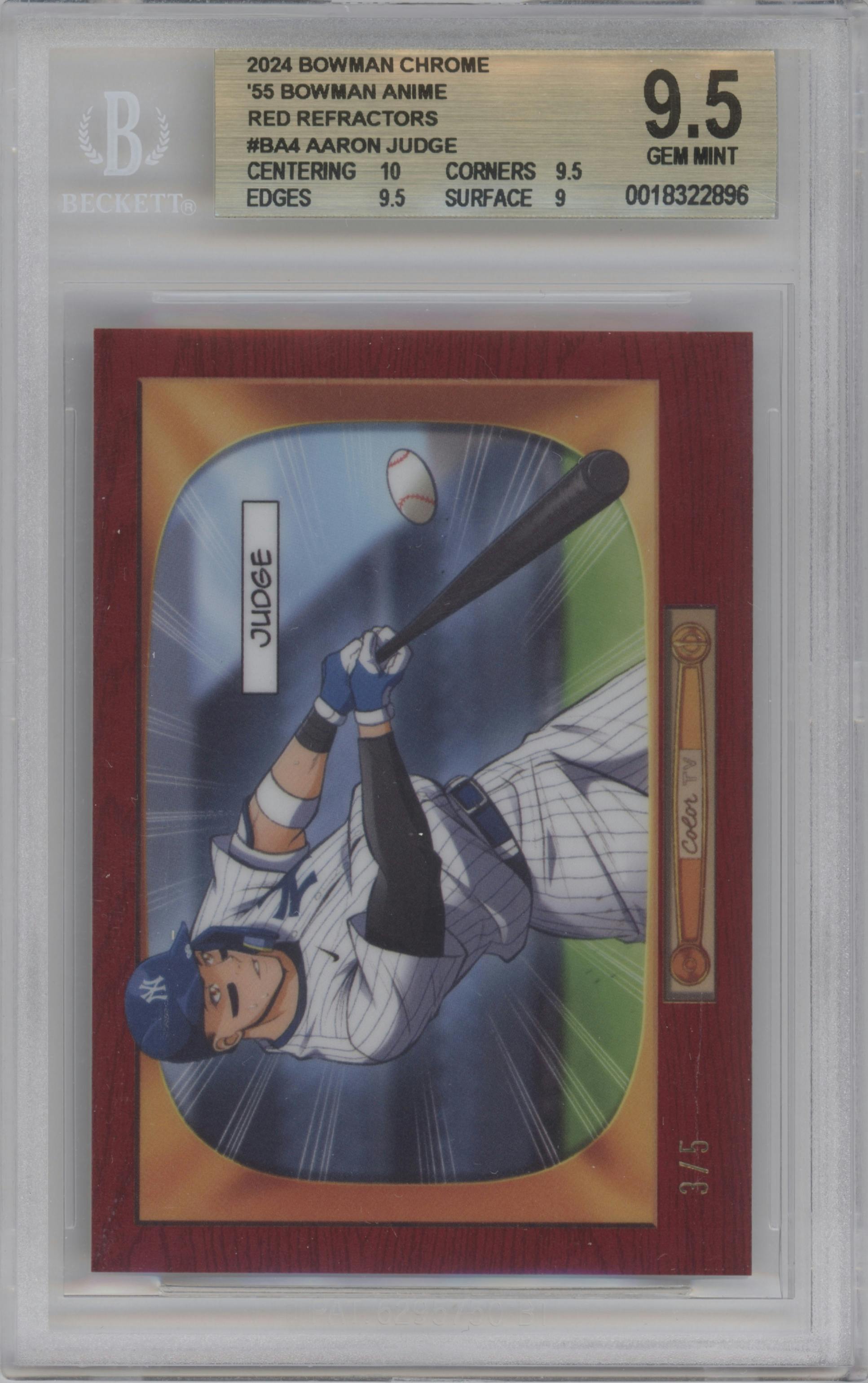 Aaron Judge from the 2024 Bowman set featuring a Red Refractors parallel graded by Beckett and given an overall grade of 9.5.
