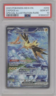 Zapdos EX from the 2023 Pokemon SV set graded by PSA and given an overall grade of 10.