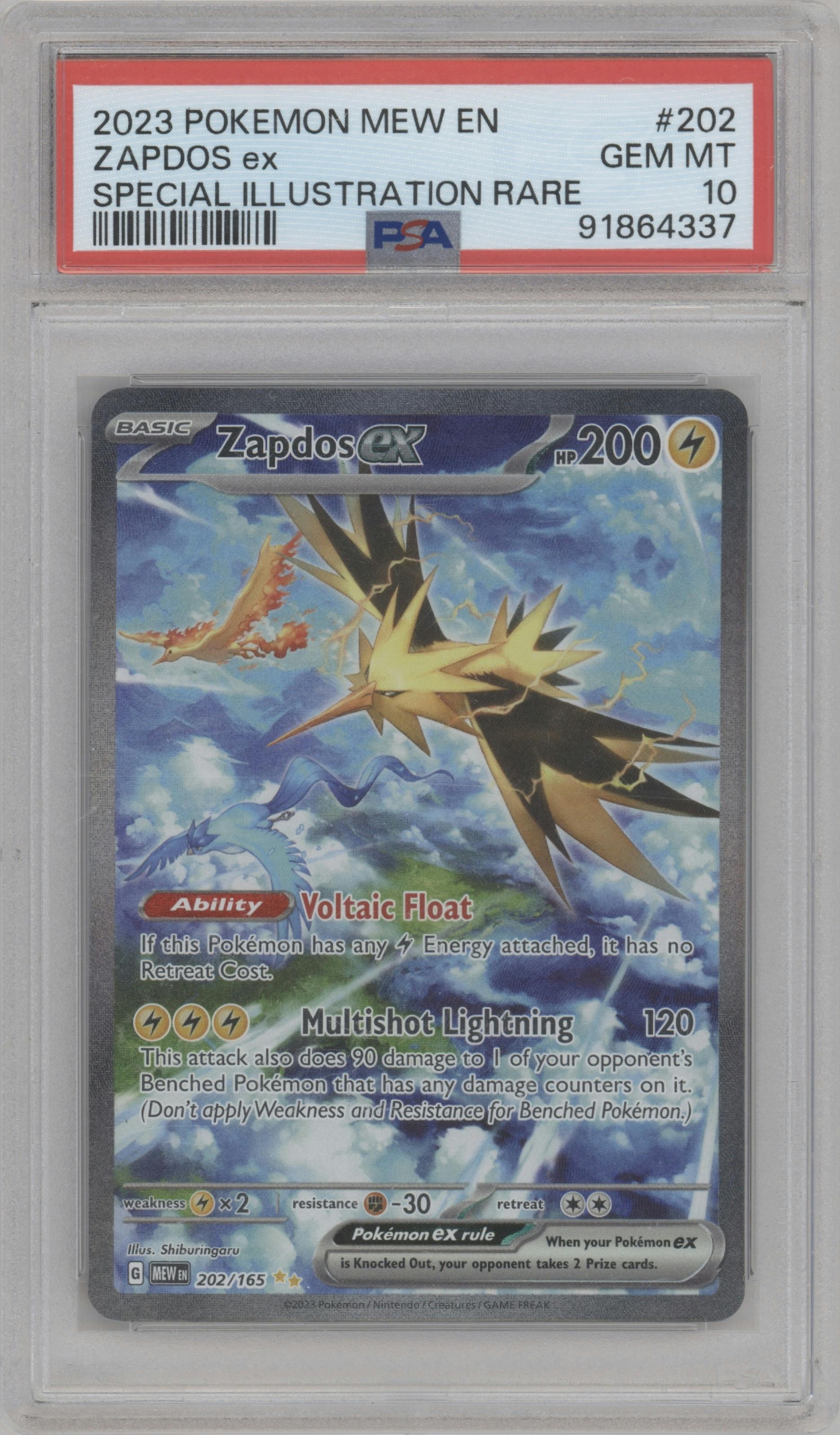 Zapdos EX from the 2023 Pokemon SV set graded by PSA and given an overall grade of 10.