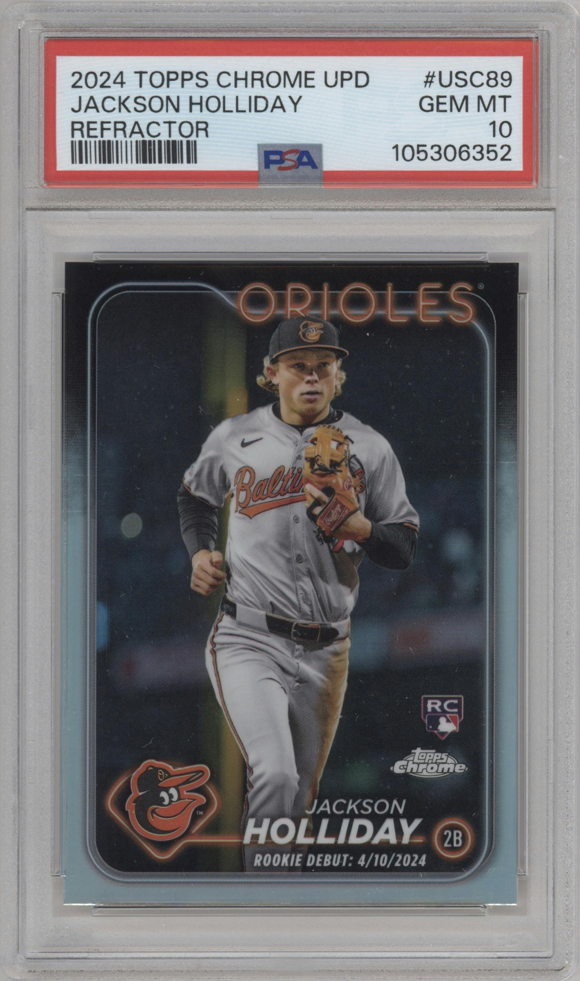 Jackson Holliday from the 2024 Topps Chrome Update set featuring a Refractor parallel graded by PSA and given an overall grade of 10.