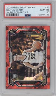Caitlin Clark  from the 2024 Panini Prizm Draft Picks set featuring a Red Ice parallel graded by PSA and given an overall grade of 10.