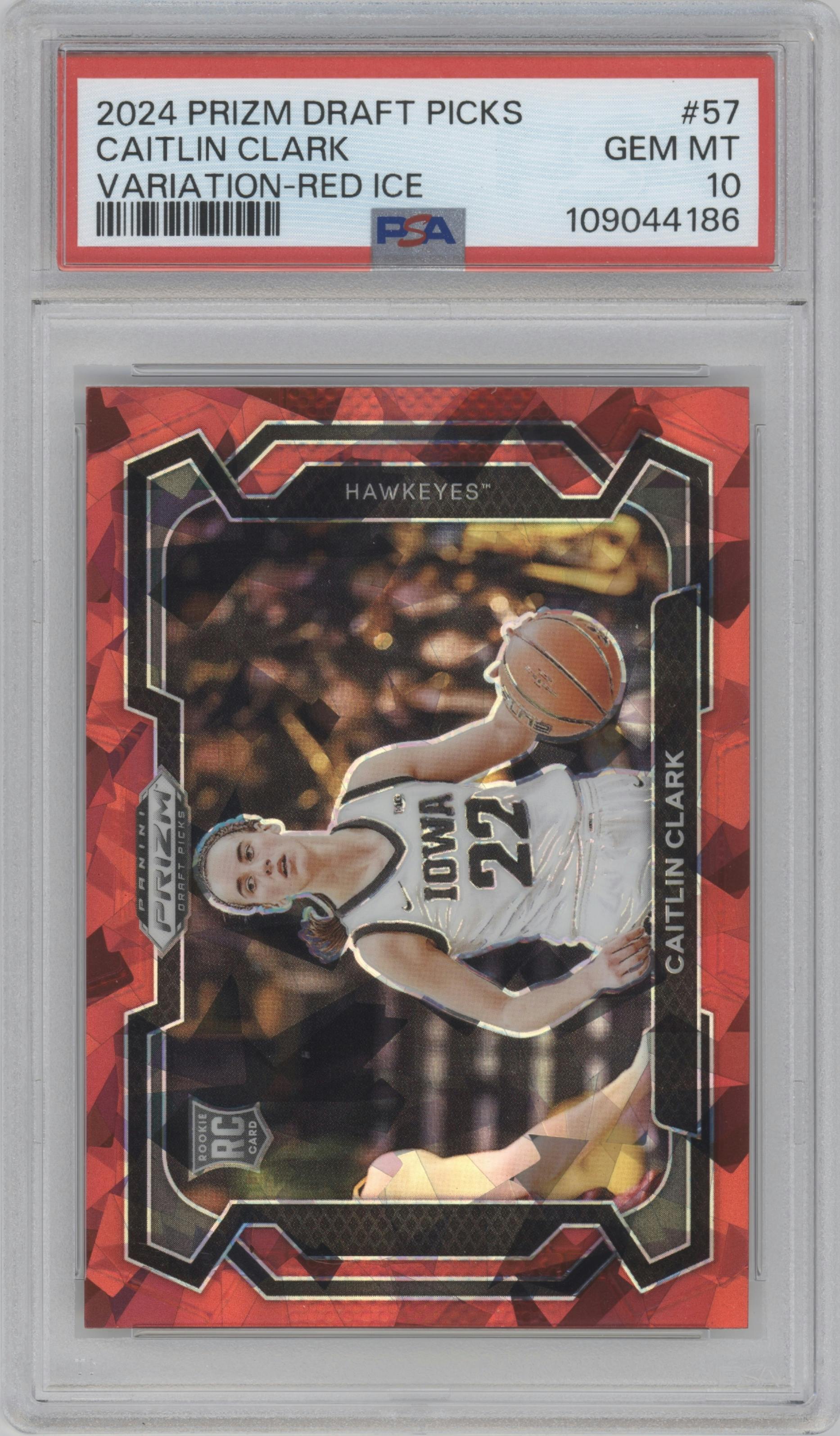 Caitlin Clark  from the 2024 Panini Prizm Draft Picks set featuring a Red Ice parallel graded by PSA and given an overall grade of 10.