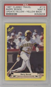 Barry Bonds from the 1987 Classic Update Yellow set featuring a Yellow Back parallel graded by PSA and given an overall grade of 9.