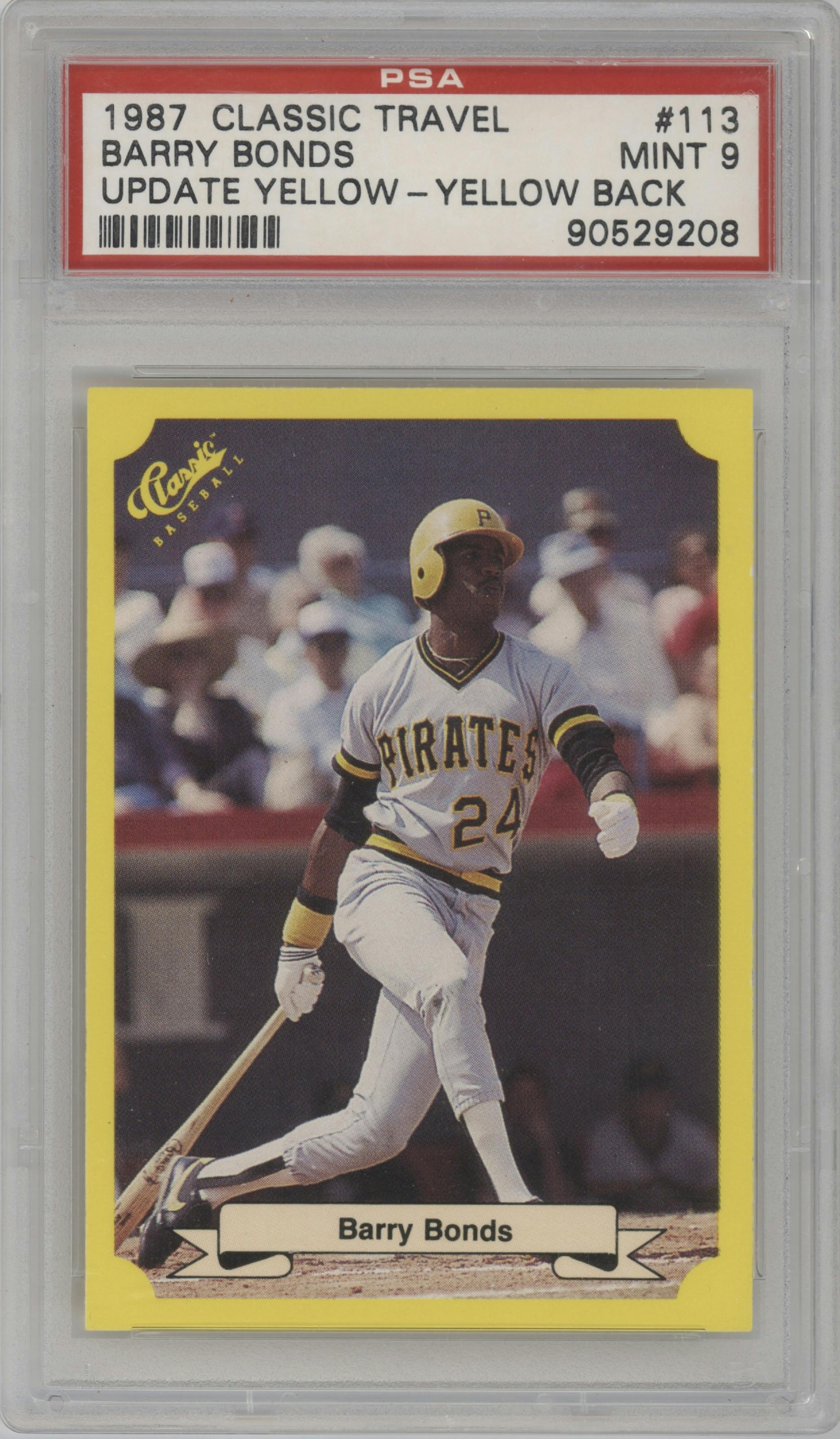 Barry Bonds from the 1987 Classic Update Yellow set featuring a Yellow Back parallel graded by PSA and given an overall grade of 9.