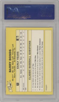 Barry Bonds from the 1987 Classic Update Yellow set featuring a Yellow Back parallel graded by PSA and given an overall grade of 9.
