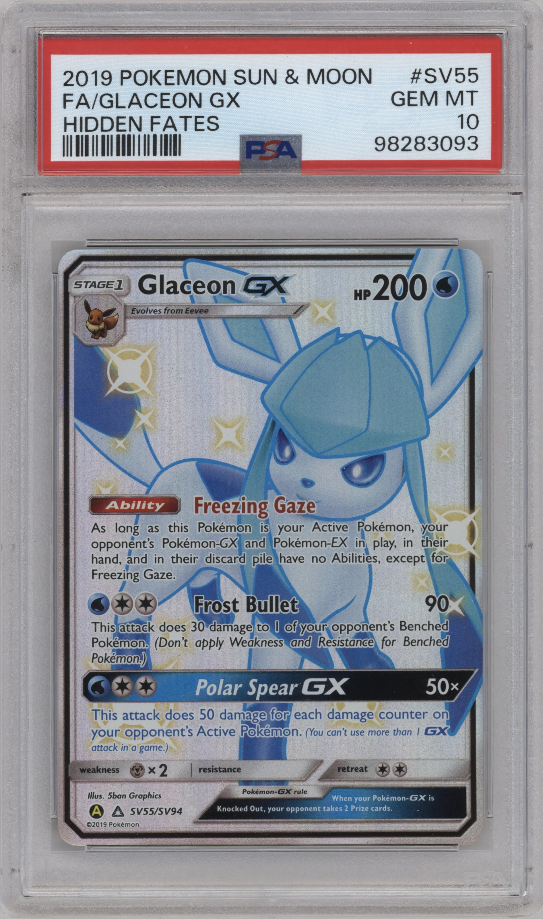 2019 Pokemon S&M Hidden Fates Glaceon GX #SV55 PSA 10