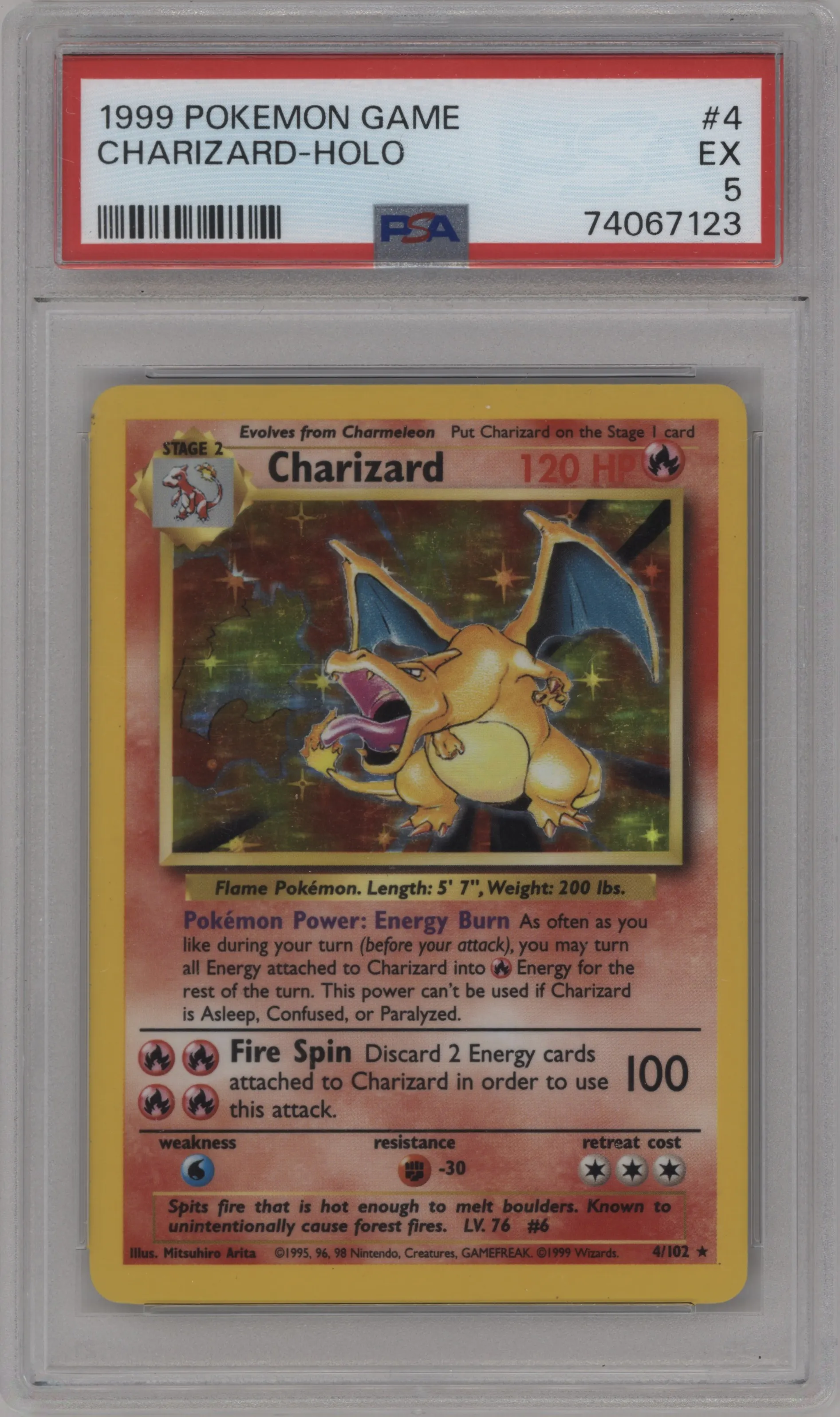 Charizard from the 1999 Pokemon set graded by PSA and given an overall grade of 5.