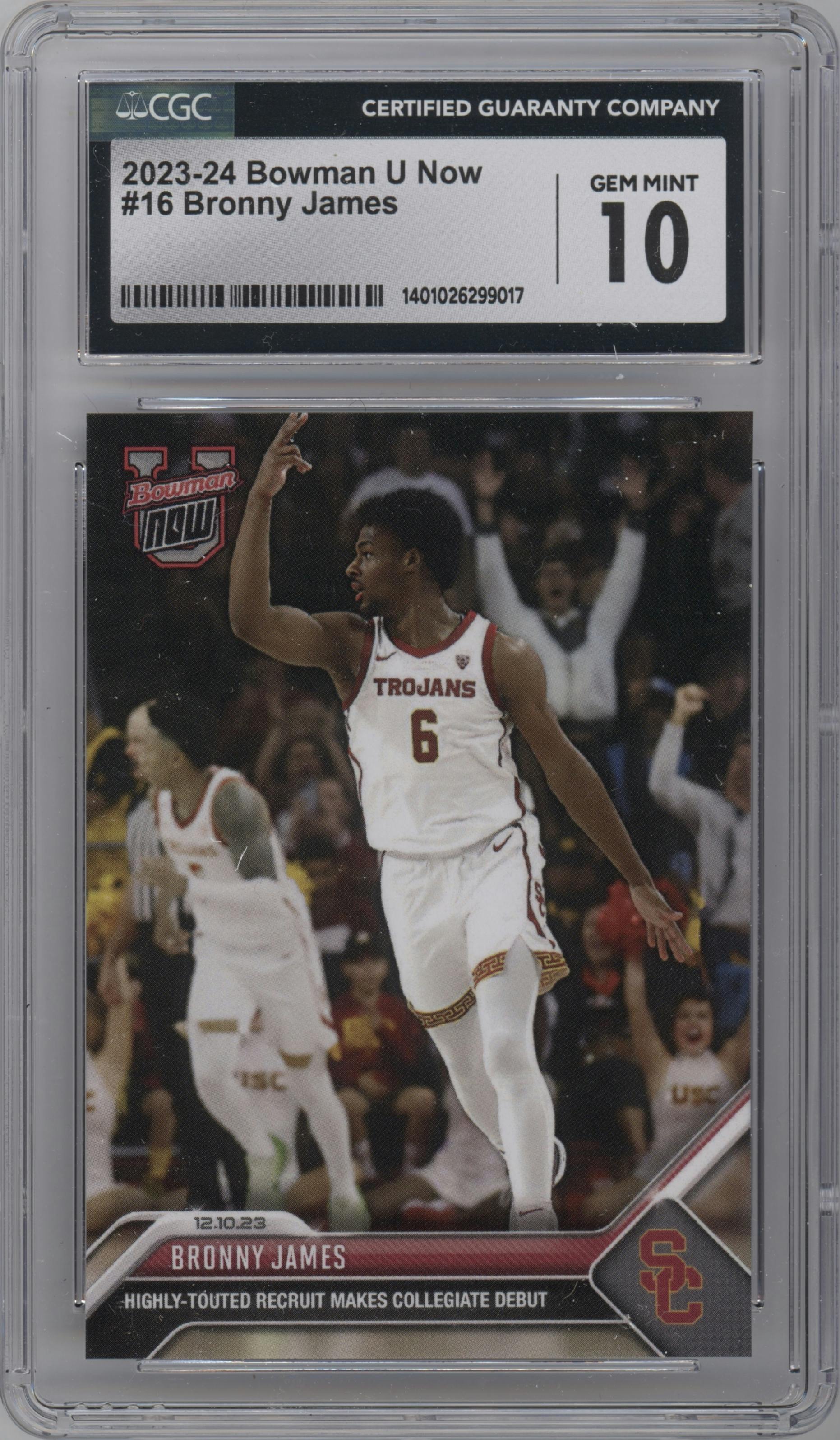 Bronny James from the 2023-24 Bowman U Now set graded by CSG and given an overall grade of 10.