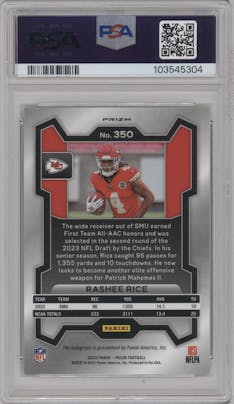 Rashee Rice from the 2023 Panini Prizm set graded by PSA and given an overall grade of 9.