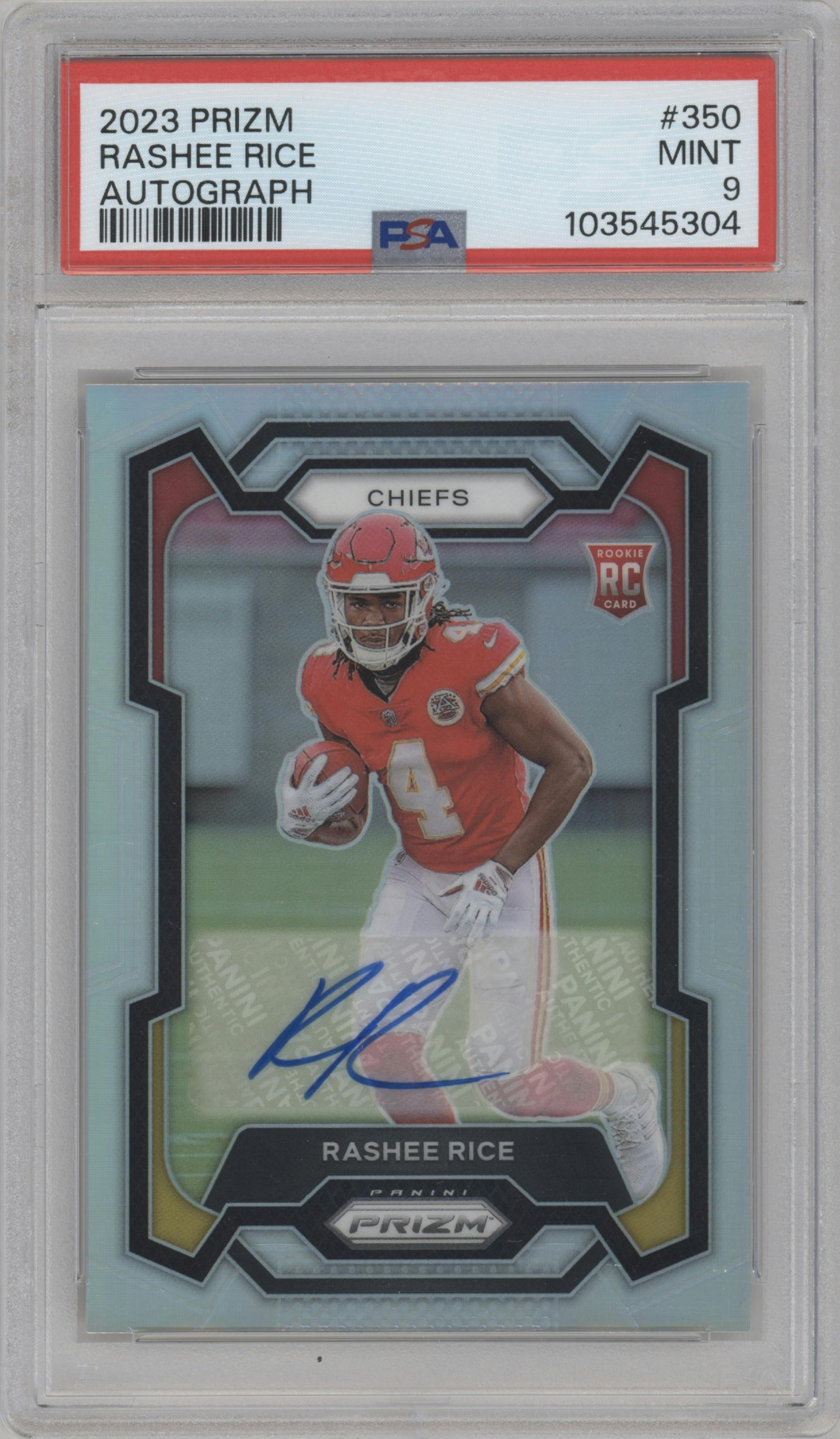 Rashee Rice from the 2023 Panini Prizm set graded by PSA and given an overall grade of 9.