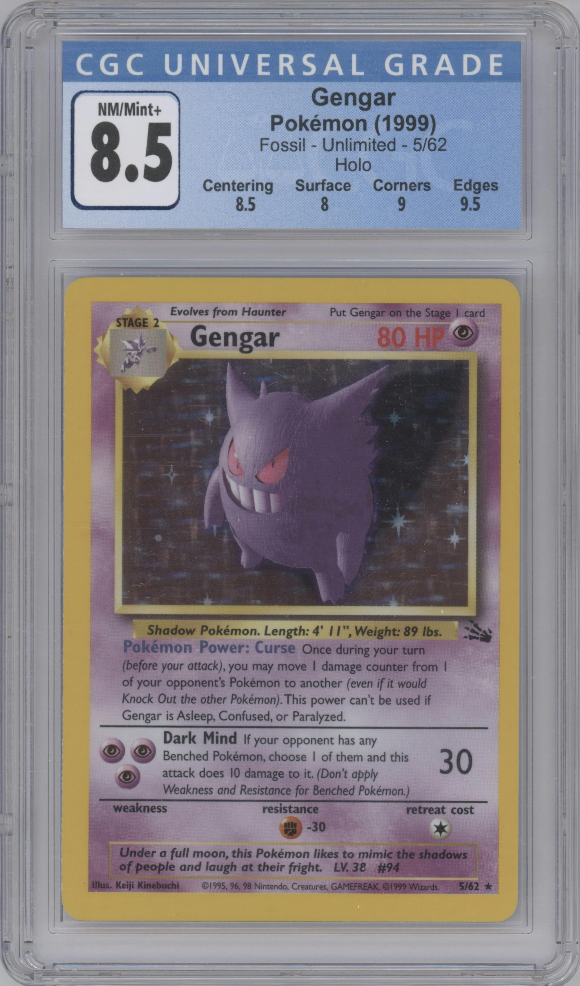 Gengar from the 1999 Pokemon set graded by CSG and given an overall grade of 8.5.