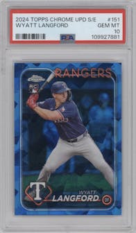 Wyatt Langford from the 2024 Topps Chrome Update Sapphire Edition set graded by PSA and given an overall grade of 10.