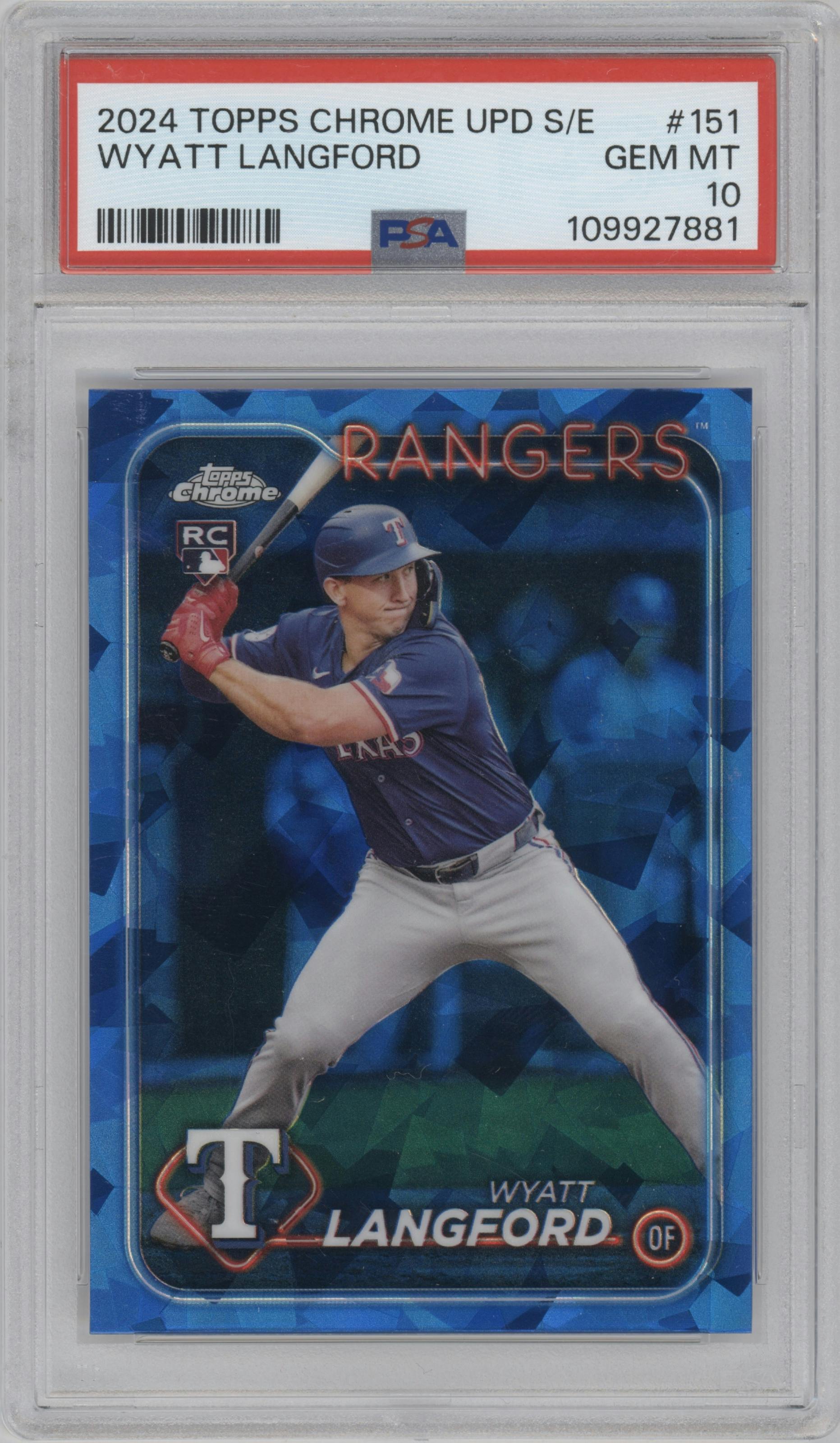 Wyatt Langford from the 2024 Topps Chrome Update Sapphire Edition set graded by PSA and given an overall grade of 10.