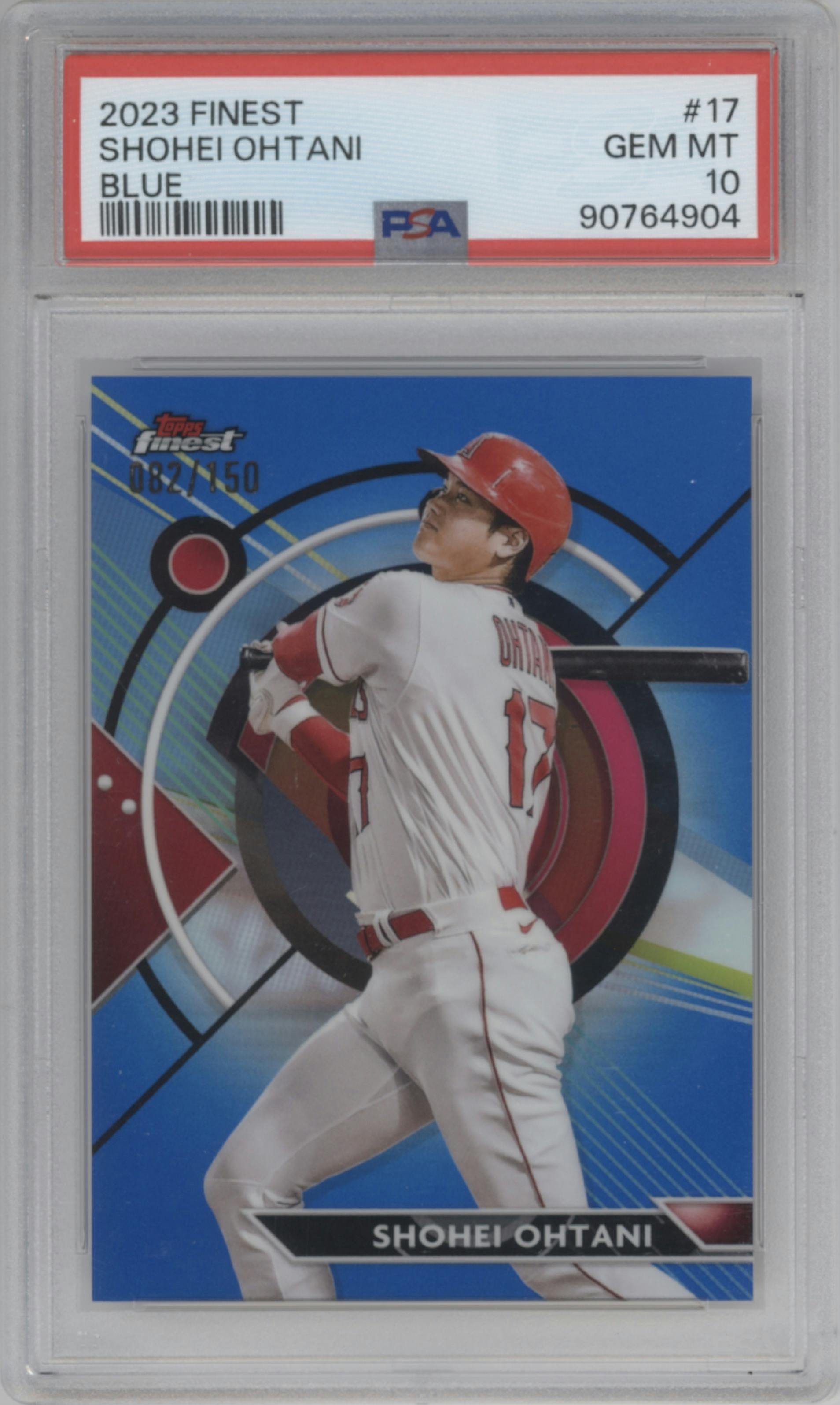 Shohei Ohtani from the 2023 Topps Finest set featuring a Blue Refractor parallel graded by PSA and given an overall grade of 10.