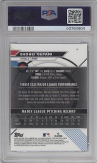 Shohei Ohtani from the 2023 Topps Finest set featuring a Blue Refractor parallel graded by PSA and given an overall grade of 10.
