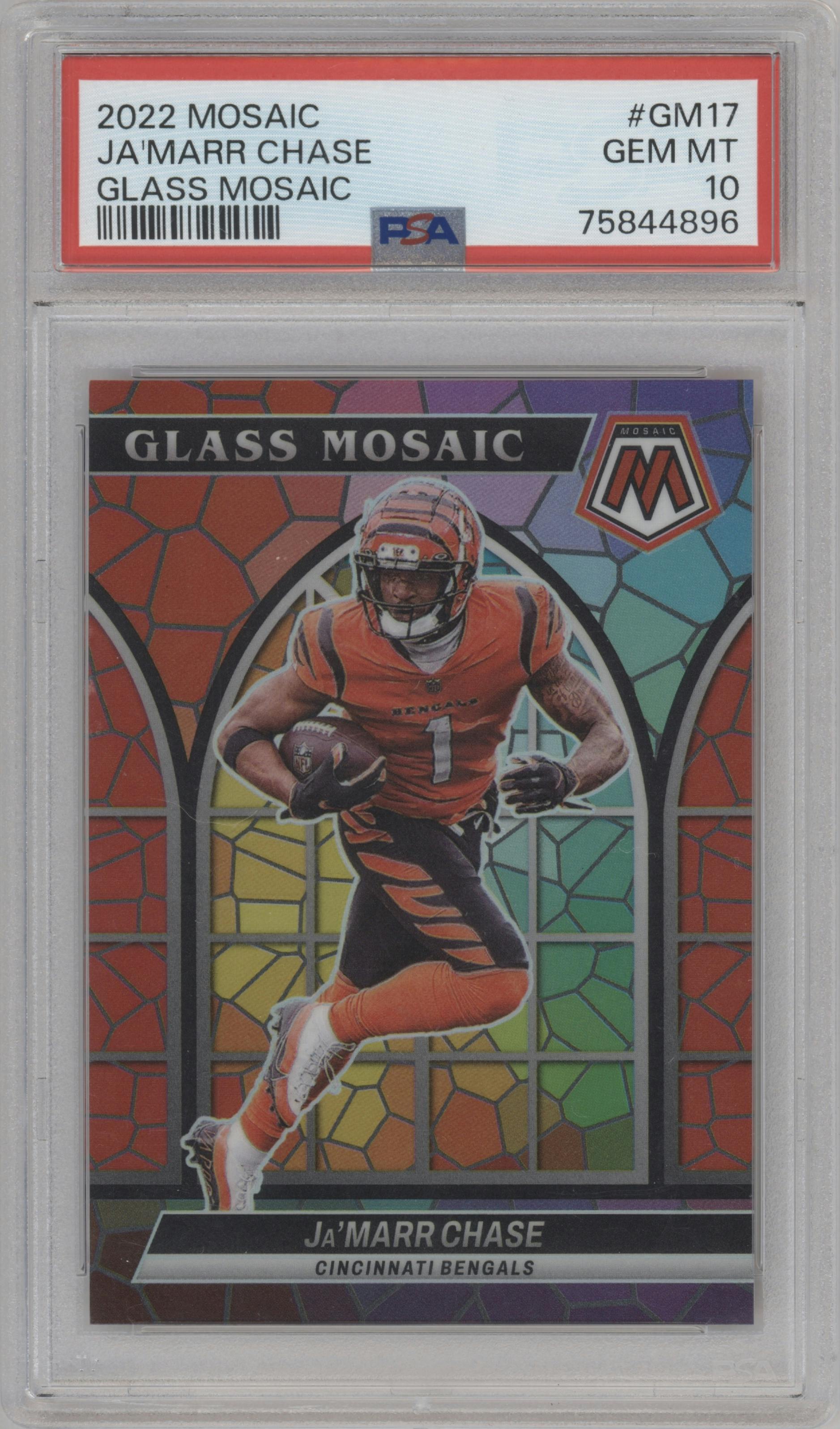 Ja'Marr Chase from the 2022 Panini Mosaic set graded by PSA and given an overall grade of 10.