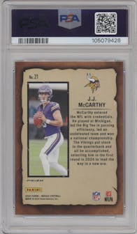 J.J. McCarthy from the 2024 Panini Mosaic set featuring a Green Mosaic parallel graded by PSA and given an overall grade of 10.