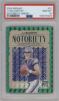 J.J. McCarthy from the 2024 Panini Mosaic set featuring a Green Mosaic parallel graded by PSA and given an overall grade of 10.